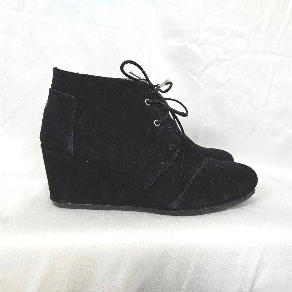 Toms Women Black Suede Desert Wedge Heel Lace Up Round Toe Chic Ankle Booties 10